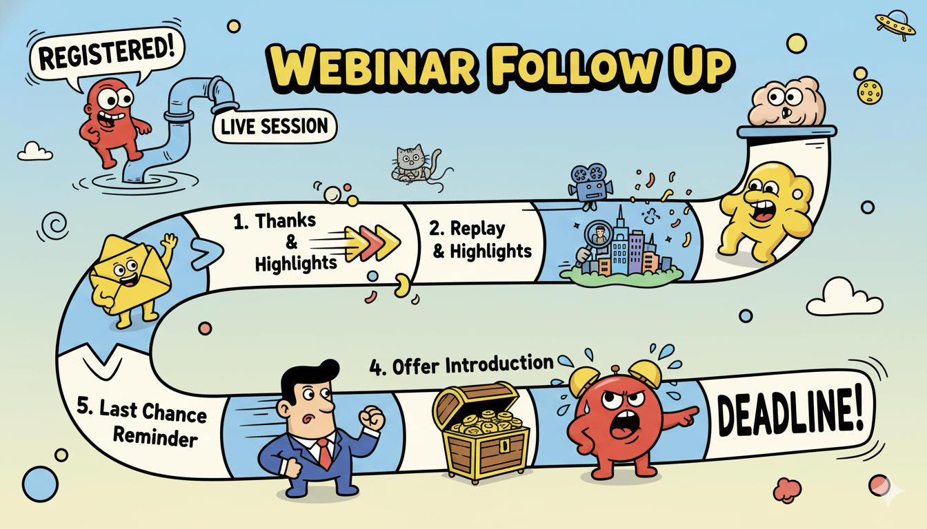 A playful flowchart depicts a five-step webinar follow-up, showing emails and deadlines to engage participants.