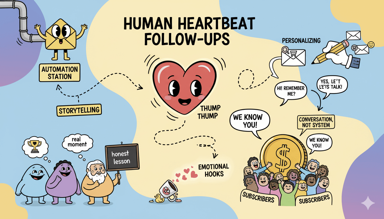 A whimsical flowchart depicts how storytelling and personalization add a human touch to automated follow-up emails, building subscriber connection.