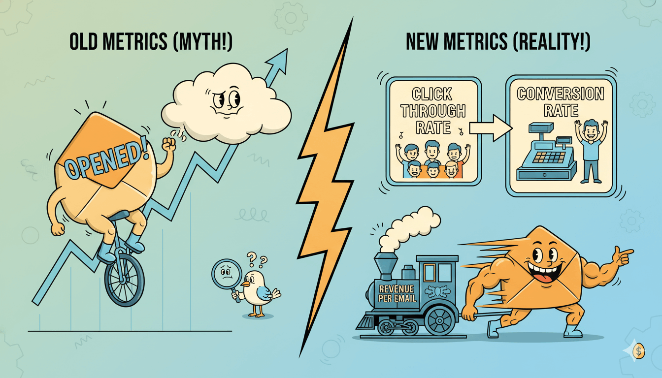 A split comparison cartoon illustrates outdated email metrics versus the new, more reliable metrics that truly matter.