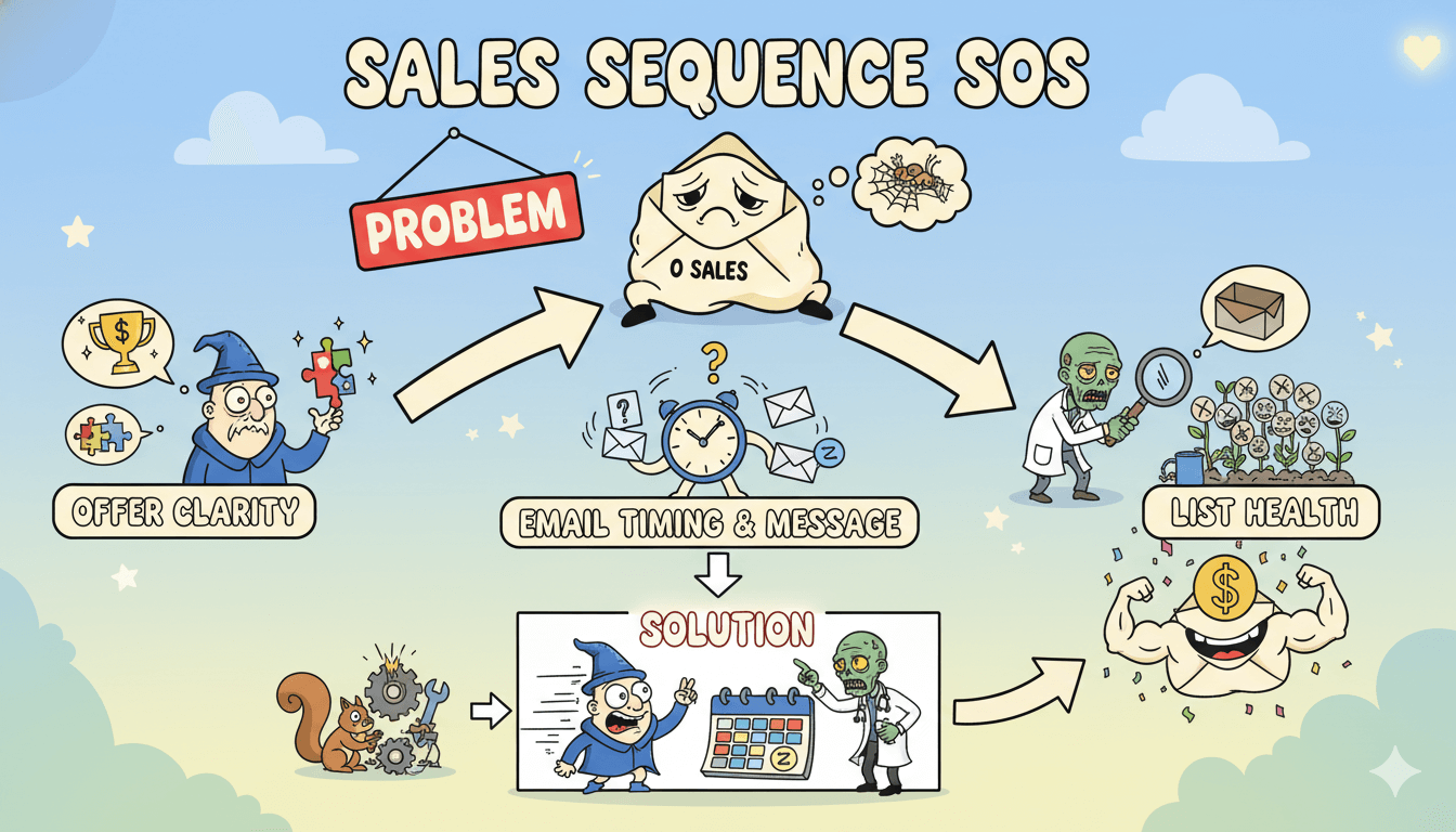 A whimsical flowchart showing how to diagnose and fix an underperforming sales sequence with offer clarity, timing, and list health.