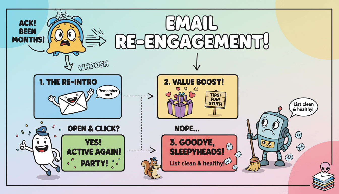 A whimsical flowchart shows steps to re-engage email subscribers, starting with a re-introduction, then value, and finally list cleaning.