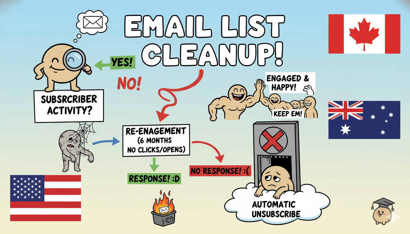 A humorous flowchart visualizes an email list cleanup process for inactive subscribers, showing re-engagement and unsubscribe paths.