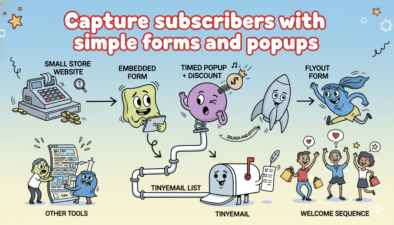 Un diagrama de flujo lúdico ilustra cómo los formularios y ventanas emergentes simples captan suscriptores para pequeñas empresas que utilizan TinyEmail.