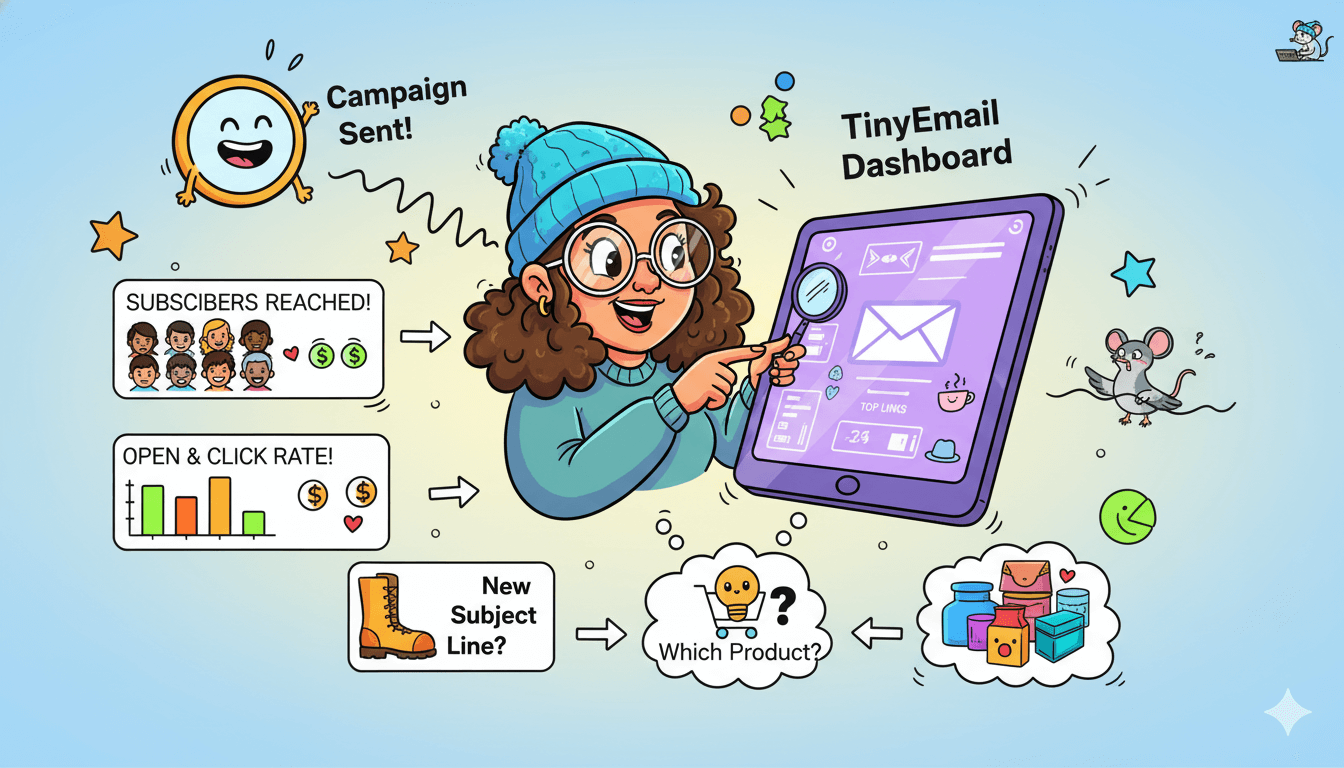 La caricatura muestra a una persona analizando un informe de campaña de correo electrónico en una tableta, ilustrando cómo leer fácilmente los números básicos de TinyEmail.