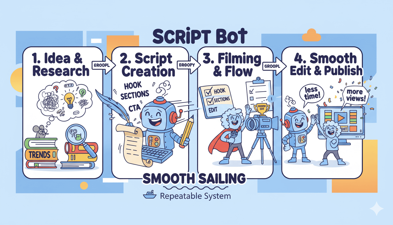 Un diagrama de flujo de dibujos animados muestra el proceso de creación de guiones en cuatro pasos de Subscribebr para un contenido eficiente, desde la idea hasta la publicación