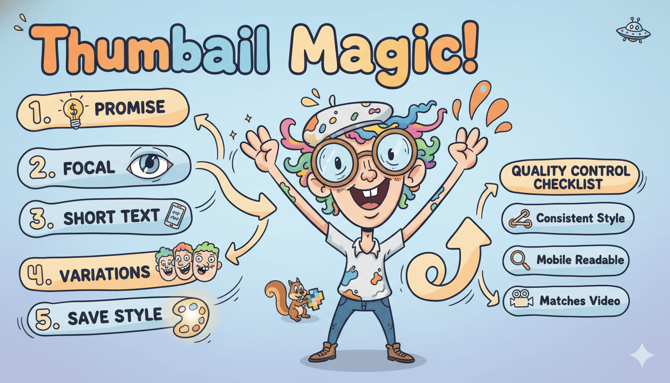Un animado dibujante muestra un proceso de creación de miniaturas en 5 pasos y una lista de control de calidad de 3 puntos.
