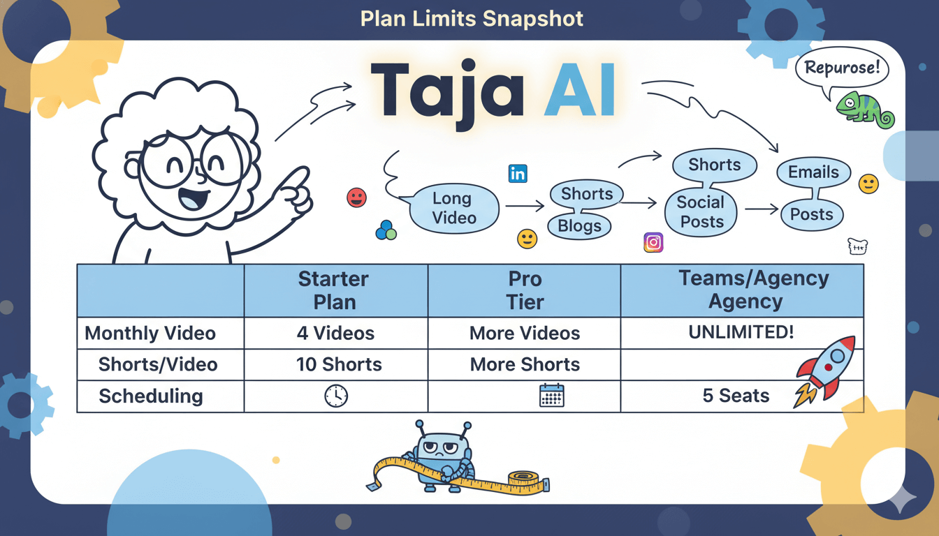 Una tabla lúdica resume los niveles de planificación de Taja AI para optimización de vídeo, cortometrajes por vídeo y programación, con un diagrama de flujo divertido que muestra la reutilización de contenido.