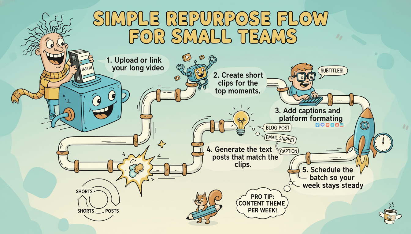 Un diagrama de flujo de dibujos animados ilustra un flujo de reutilización de contenido en cinco pasos para equipos pequeños, empezando por subir un vídeo y terminando con la programación.
