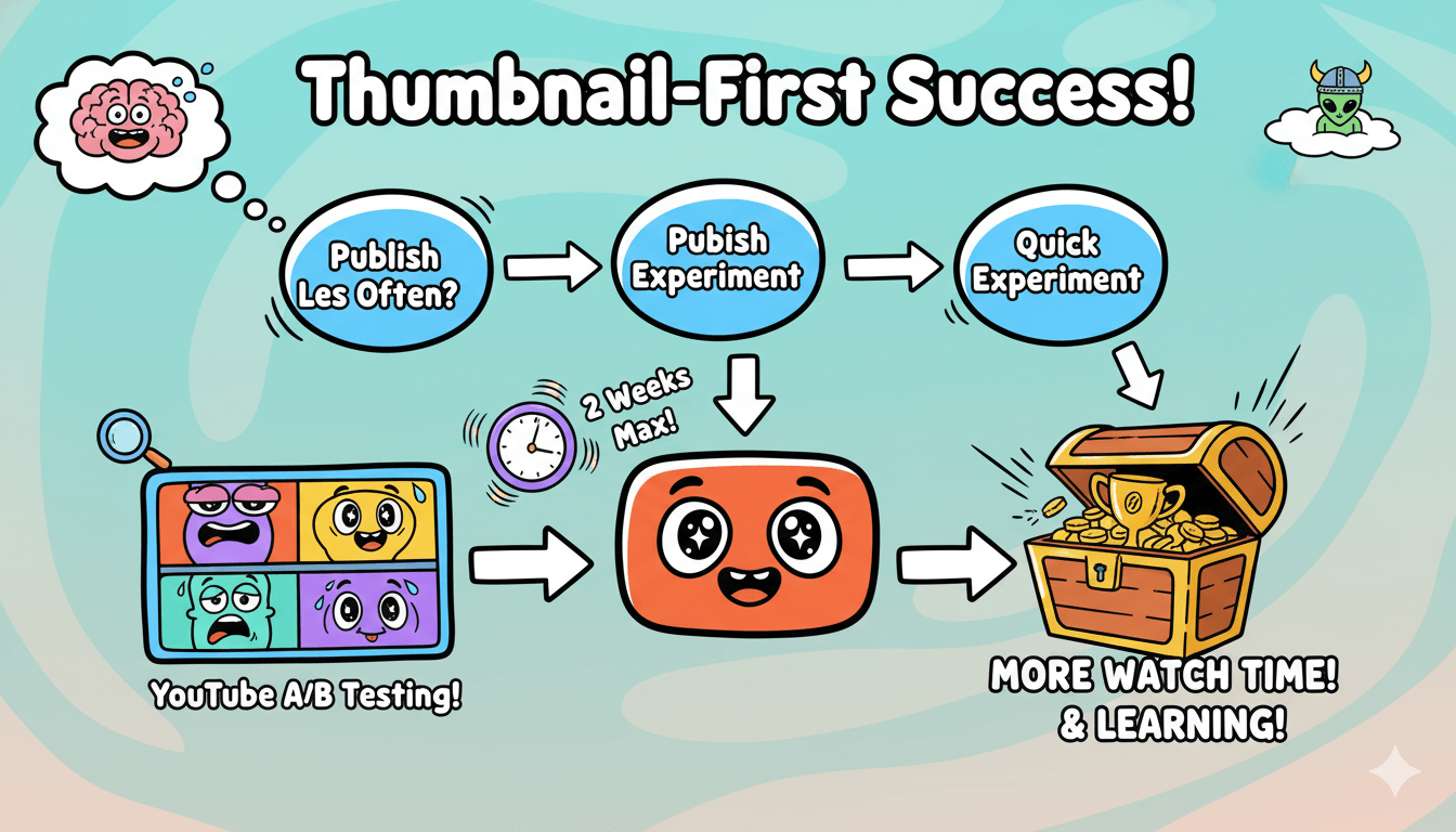 Un diagrama de flujo caprichoso ilustra la estrategia de contenido "miniatura primero", mostrando cómo las pruebas en YouTube conducen a más tiempo de visualización y aprendizaje.