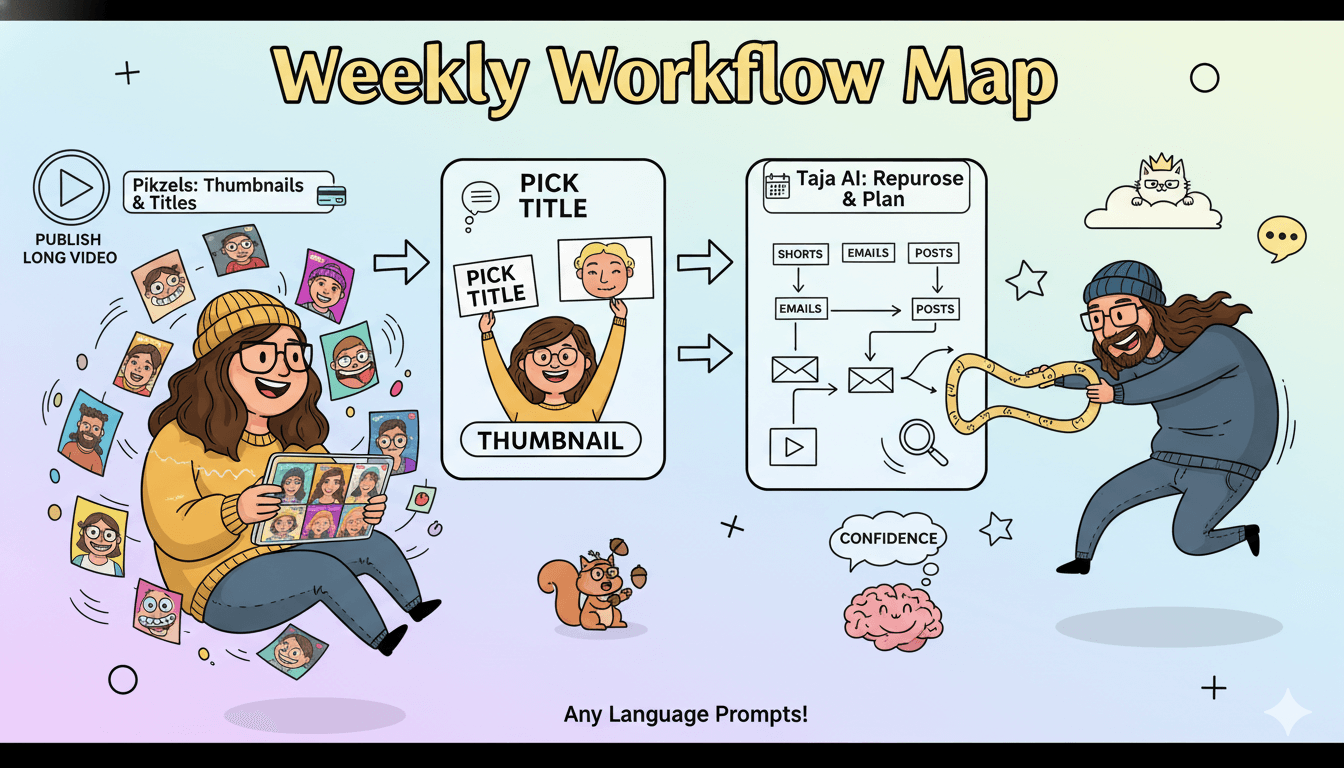 Diagrama de flujo: publica vídeos largos, elige título y miniatura, reutiliza en cortos y publicaciones, programa y luego prueba títulos y miniaturas.