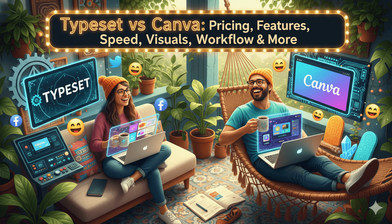 Una pareja alegre utiliza tabletas digitales transparentes y portátiles en un porche, ilustrando una comparación entre herramientas de diseño como Typeet y Canva.