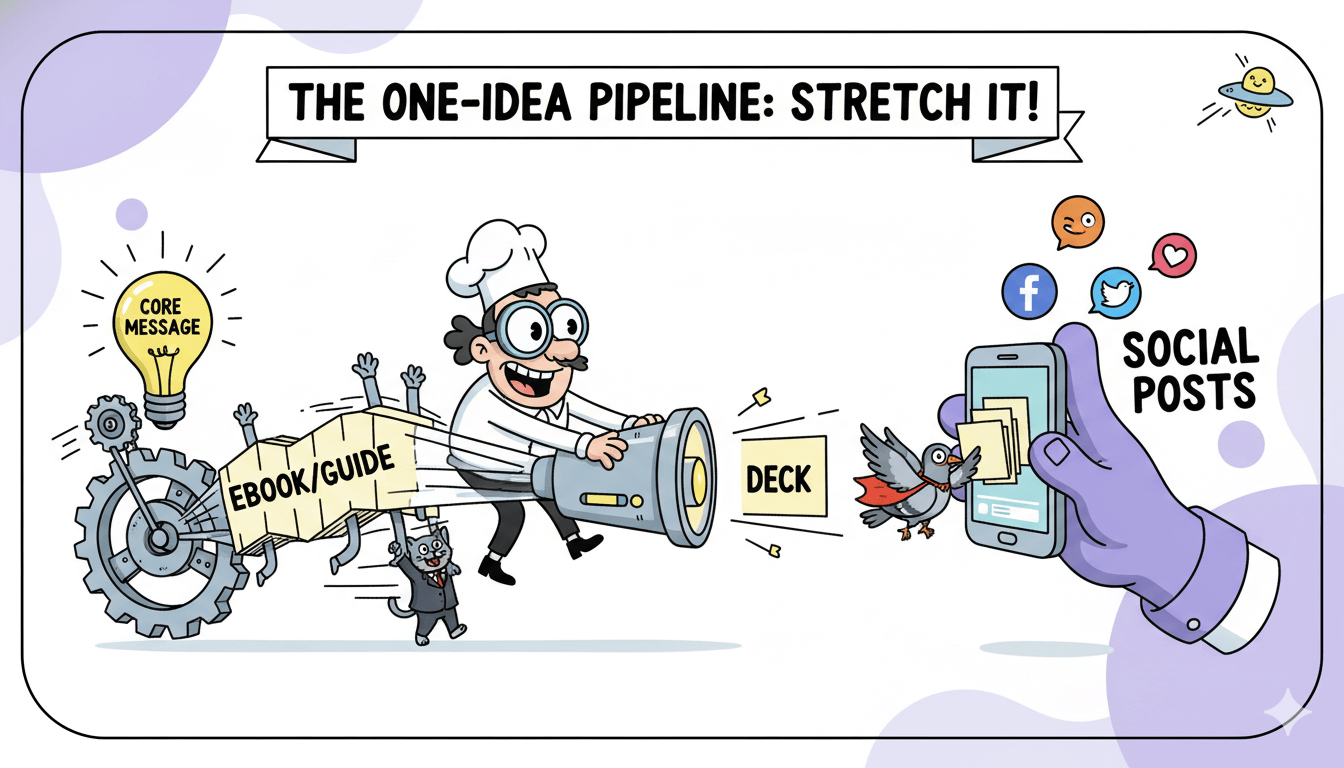 Un personaje chef utiliza un pipeline caprichoso para transformar un mensaje principal en un ebook, un mazo y publicaciones en redes sociales, ilustrando un flujo de trabajo consistente.