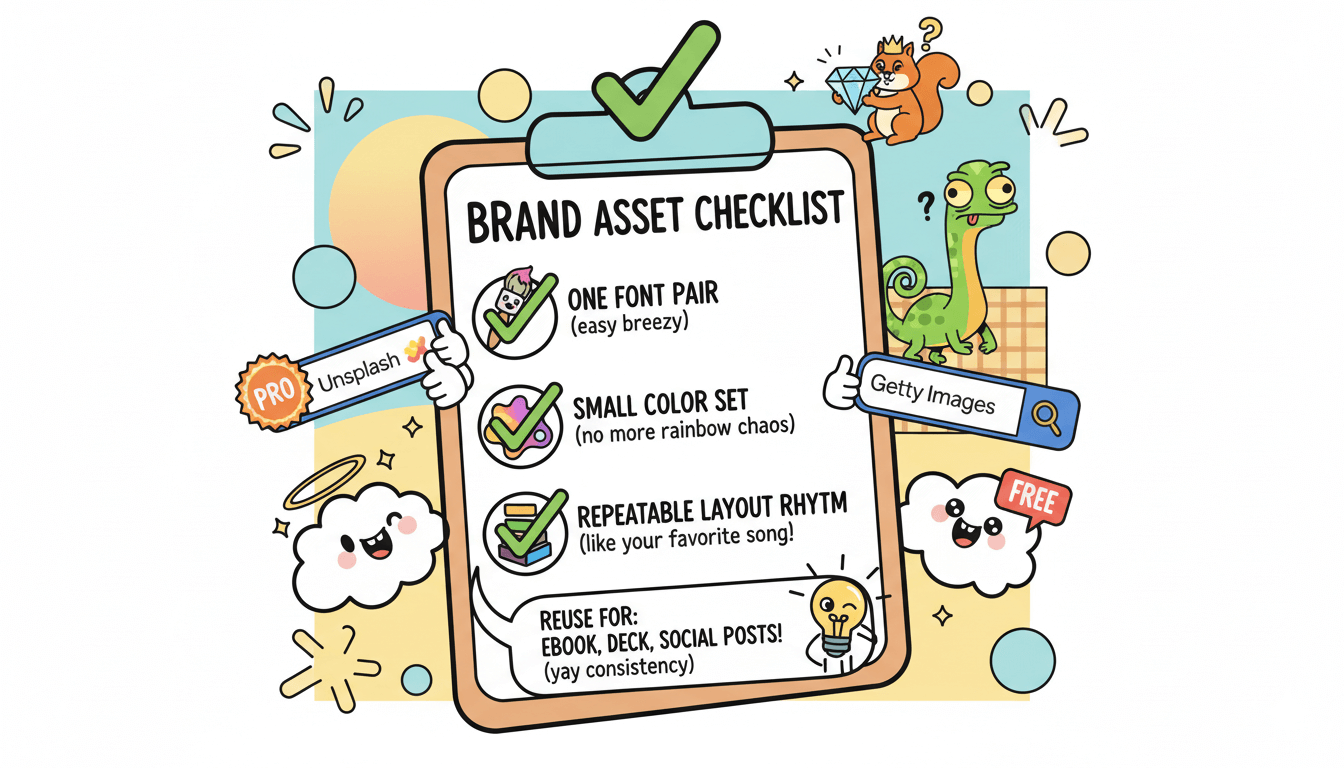 Una lista de verificación de activos de marca caprichosa incluye una ardilla y un dinosaurio, ilustrando claridad sobre la licencia de activos y la confianza en su uso.