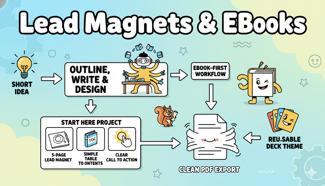 Un diagrama de flujo divertido ilustra los pasos para crear imanes de leads y eBooks, desde una idea corta hasta un tema de mazo reutilizable.