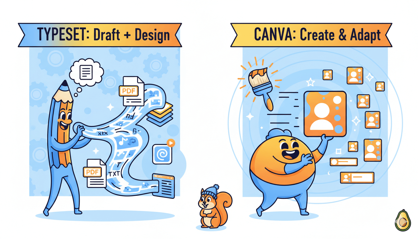 Una viñeta de comparación dividida ilustra el flujo de "borrador y diseño" de Typeset frente al "crear y adaptar" de Canva para campañas en redes sociales.