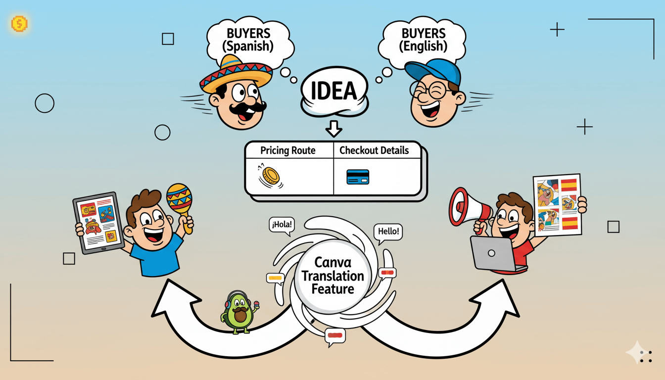 Un diagrama de flujo muestra a dos compradores, uno español y otro inglés, utilizando las funciones de traducción de Canva para adaptar su contenido.