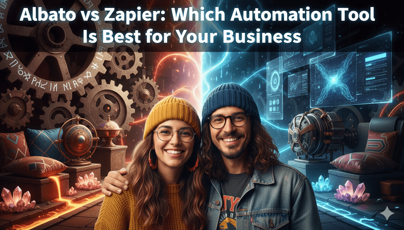 comparando a Albato y Zapier, con una pareja sonriente en un fondo de tecnología antigua y moderna entrelazada.