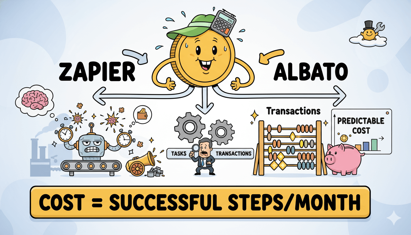 Diagrama de dibujos animados que ilustra cómo Zapier cuenta tareas y Albato las transacciones, ambos conduciendo al coste de los pasos exitosos de automatización.