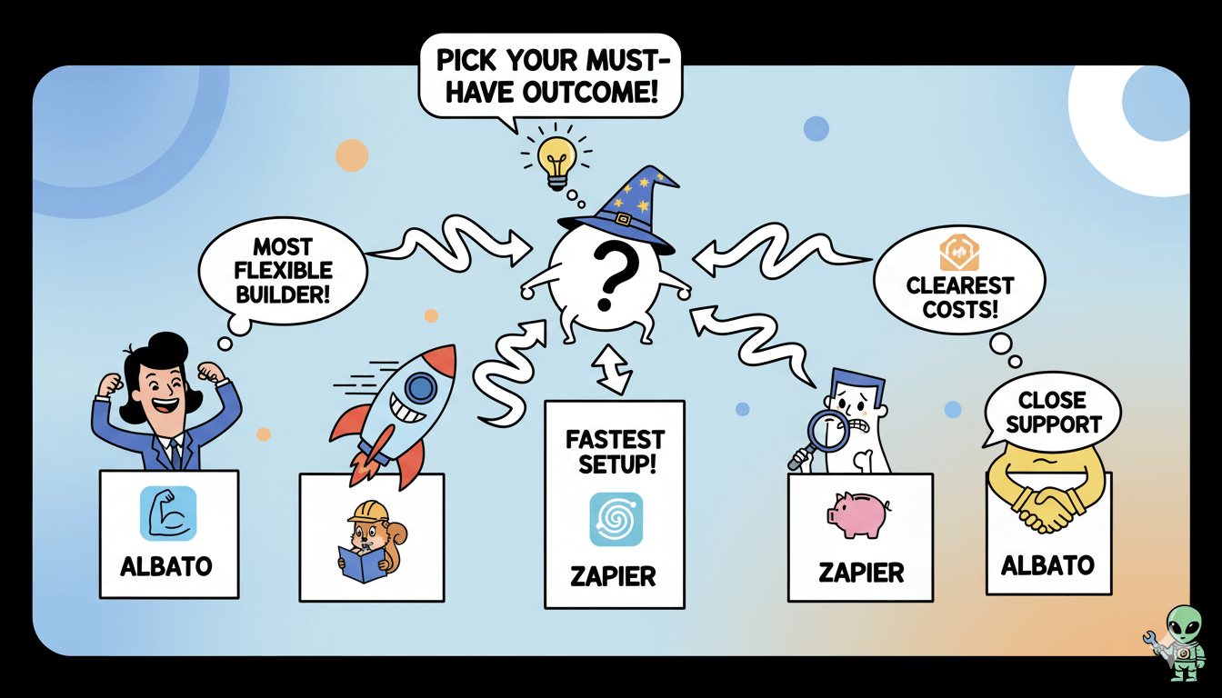 Un diagrama de flujo caprichoso ayuda a los usuarios a elegir una herramienta de automatización emparejando resultados deseados como un constructor flexible o una configuración rápida con Albato o Zapier.