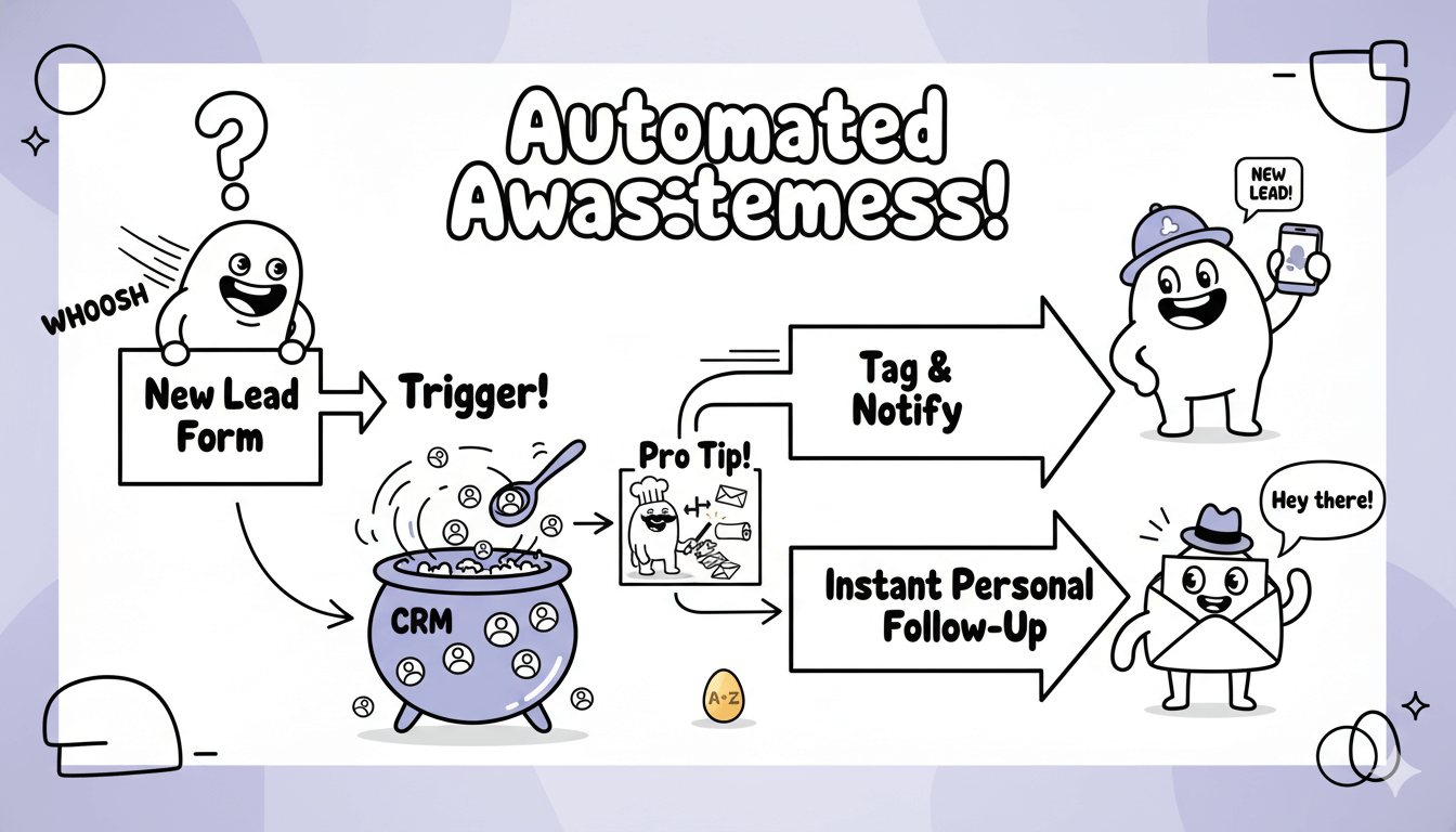 Diagrama de flujo de dibujos animados que ilustra un proceso de captura y seguimiento de leads "Automated Awesomeness", explicando la automatización de flujos de trabajo.