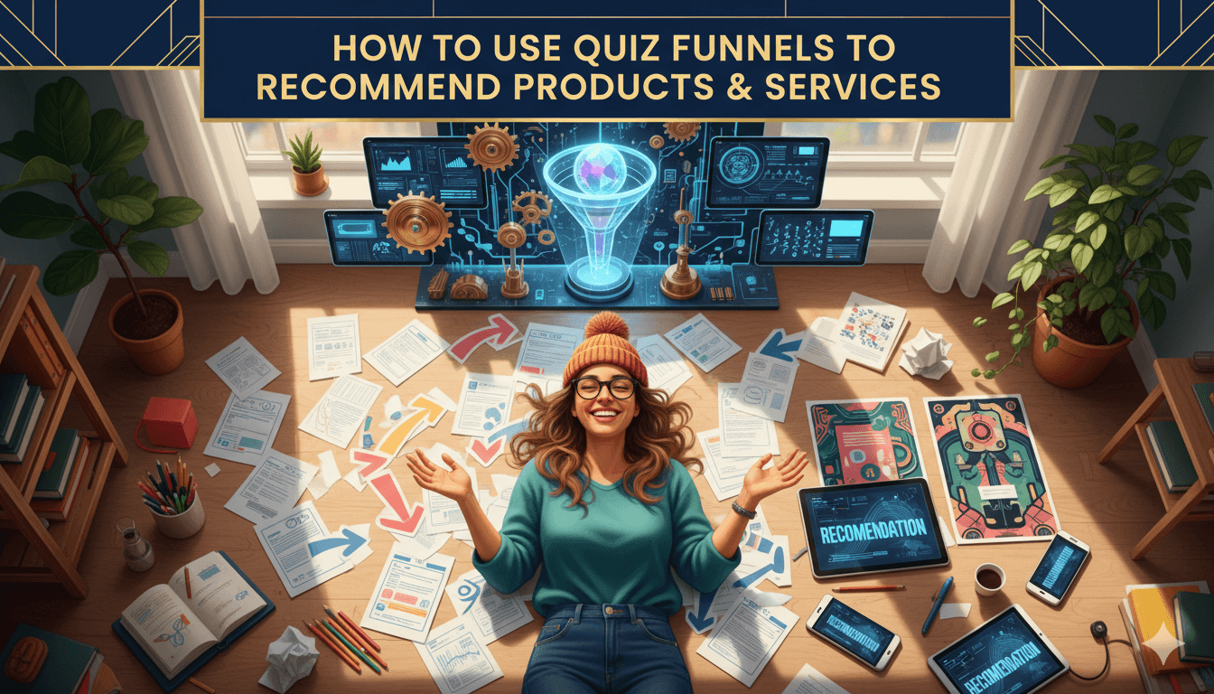 Vista aérea de una mujer en el suelo rodeada de páginas de embudo de preguntas, portátiles, tabletas y teléfonos, demostrando recomendaciones de productos.