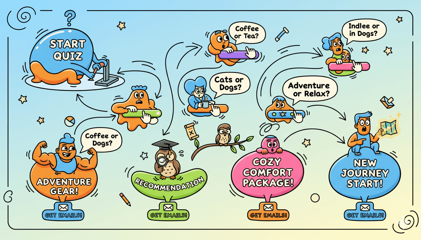 Un diagrama de flujo caprichoso de personajes de dibujos animados muestra cómo un cuestionario conduce a recomendaciones personalizadas de productos y a suscripciones por correo electrónico.
