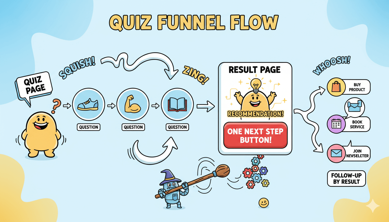 Un diagrama de flujo de embudo de cuestionario muestra preguntas que conducen a una página de resultados, una recomendación y un único siguiente paso.