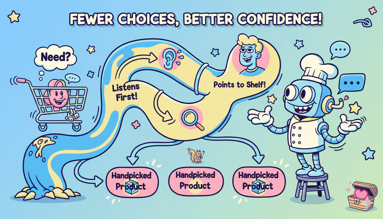 Un diagrama de flujo caprichoso muestra a un monstruo empujando un carrito de la compra, entrando en un oído atento y en una lupa, lo que lleva a un robot chef amable a ofrecer recomendaciones de productos seleccionados a mano.