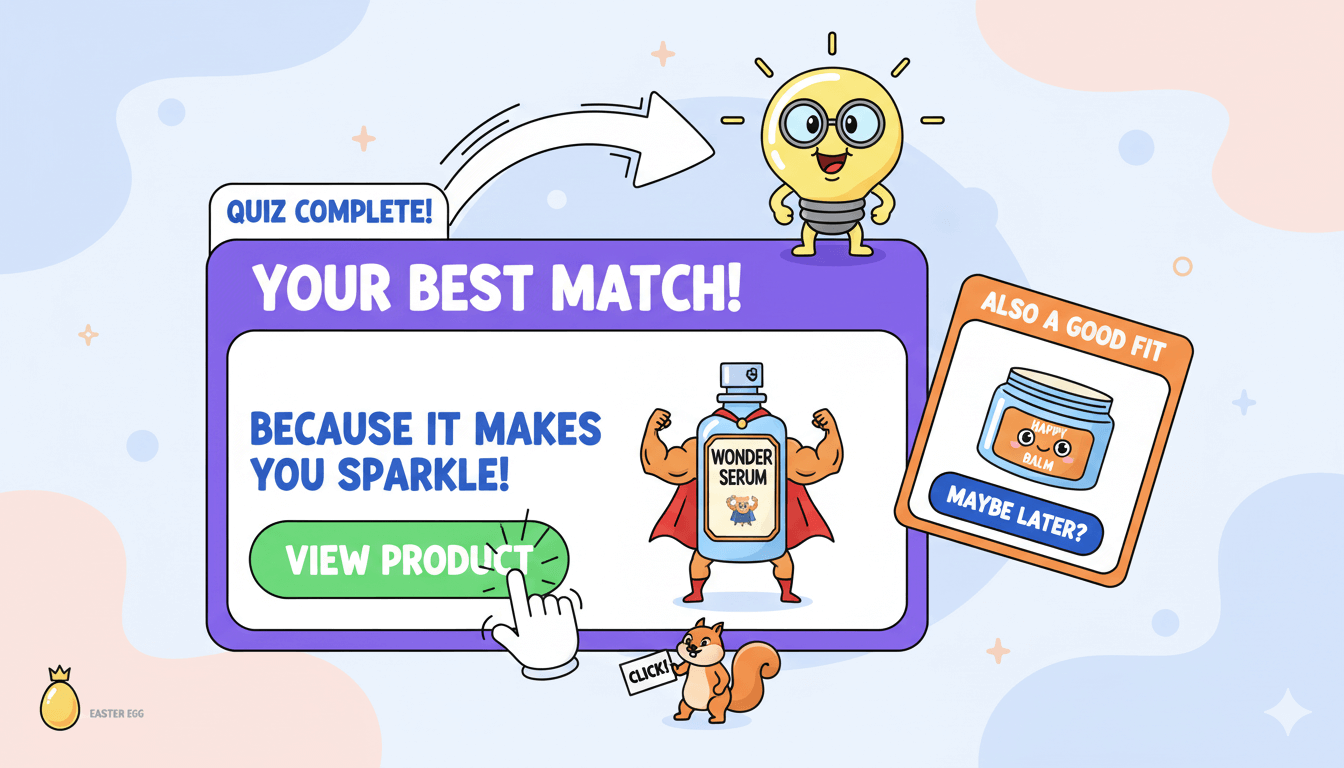 Una página de resultados caprichosa con una recomendación de producto de "mejor coincidencia", una segunda opción y un botón de "ver producto".