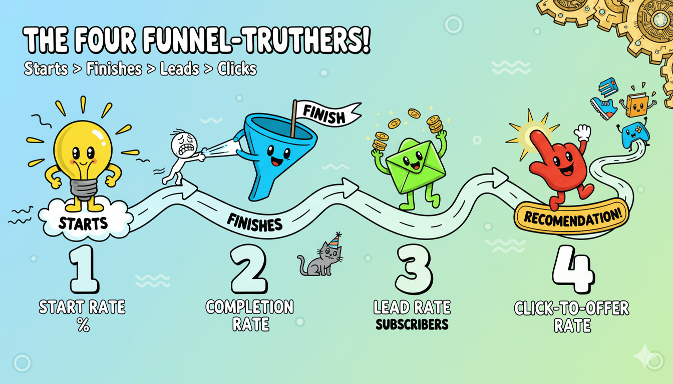 Un proceso divertido de 4 pasos con personajes de dibujos animados que ilustran las cuatro métricas clave del embudo del quiz: inicios, finales, pistas y clics.