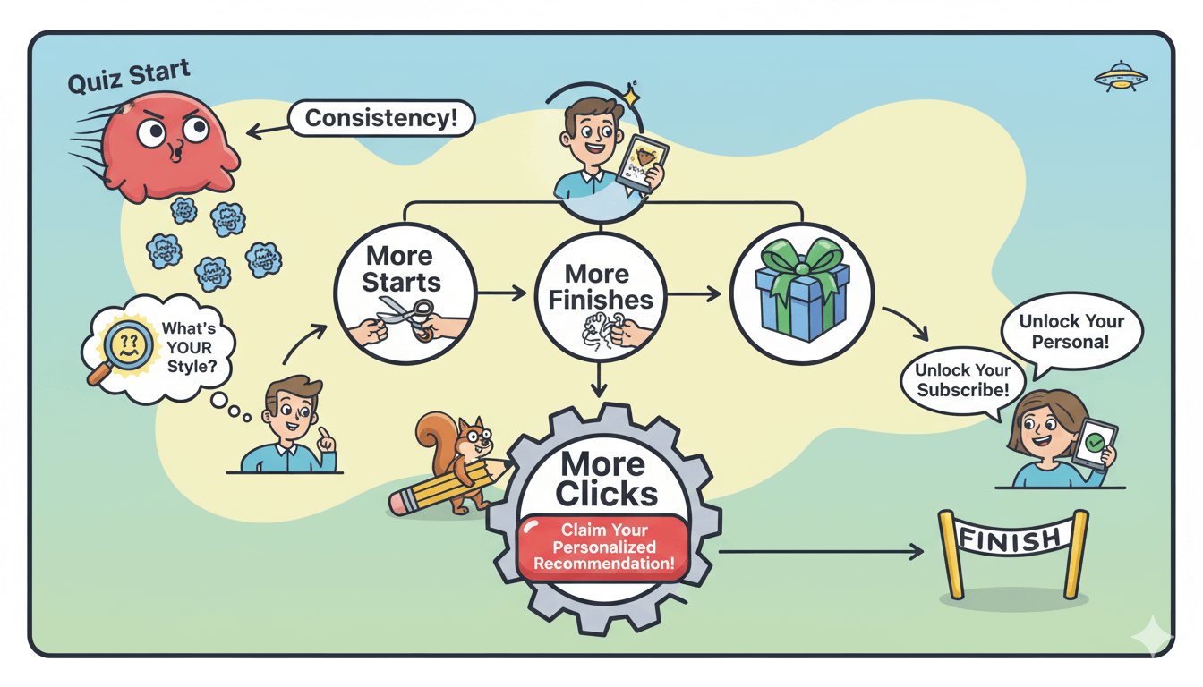 Un diagrama de flujo divertido ilustra cómo mejorar los inicios, terminaciones, inicios y clics de los cuestionarios para un mejor rendimiento en el embudo de los cuestionarios.