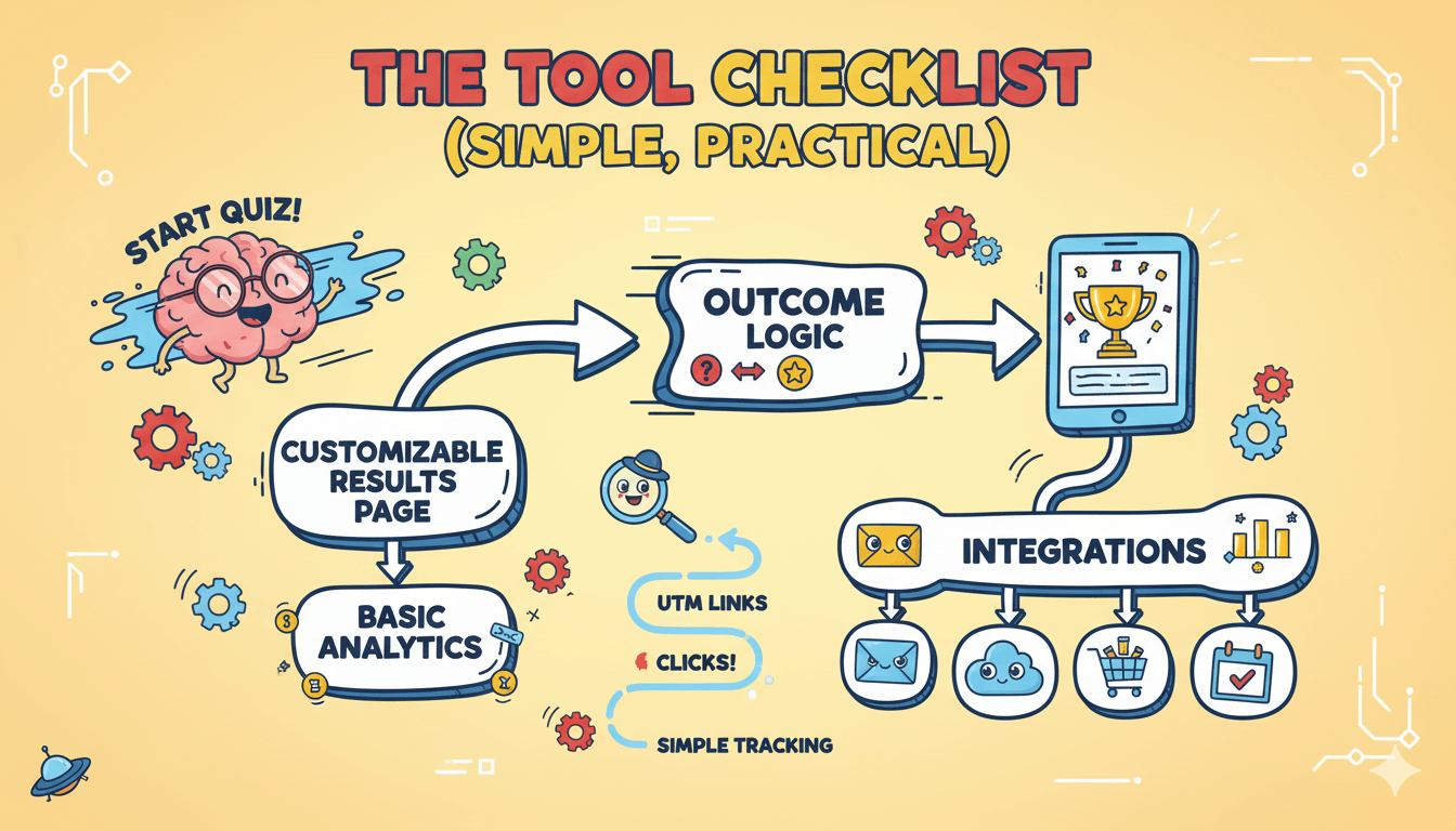 Un diagrama de flujo caprichoso que ilustra las características esenciales de una herramienta de cuestionario para una lógica de resultados efectiva e integraciones.