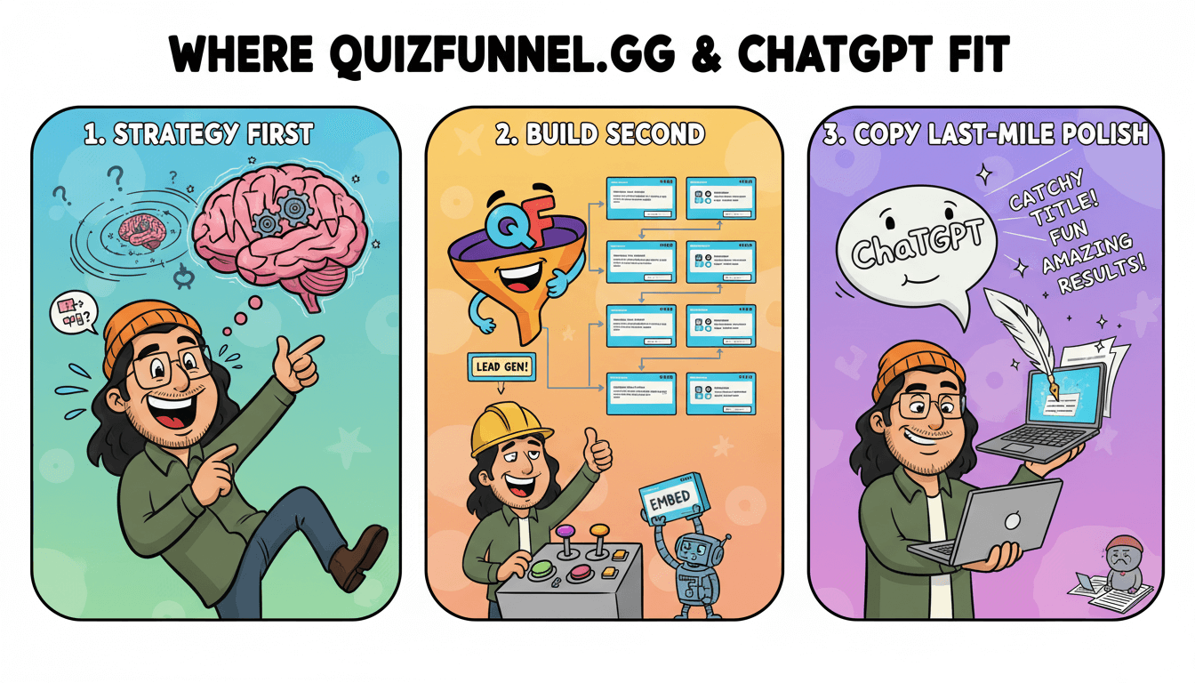 Un dibujo animado de 3 viñetas muestra a una persona estrategizando, construyendo un embudo de concursos y puliendo textos con ChatGPT para mayor eficiencia.