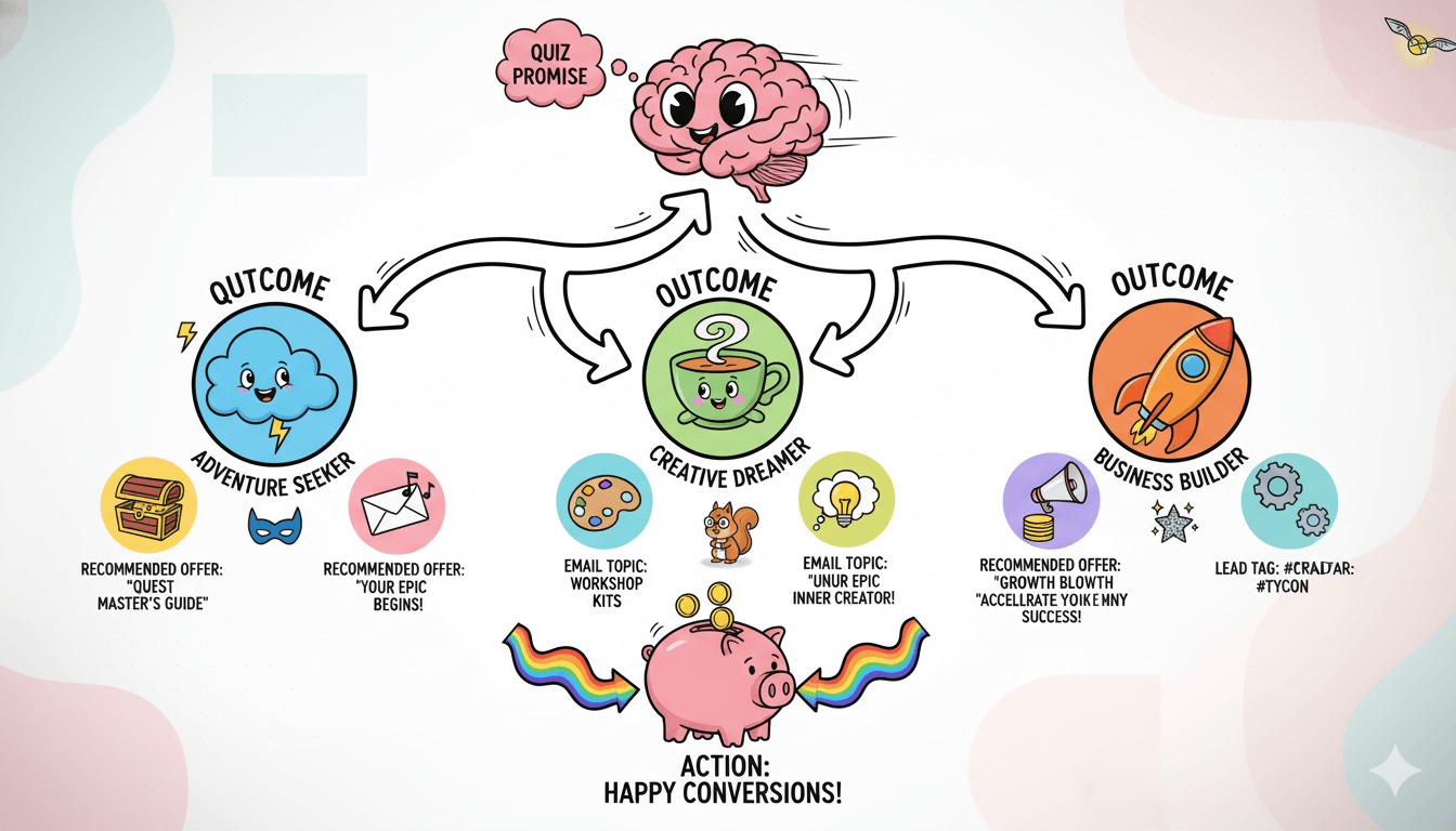 Un diagrama de flujo de dibujos animados muestra un cerebro que conduce a tres resultados de cuestionarios, cada uno con una oferta recomendada, un tema de correo electrónico y una etiqueta de lead.