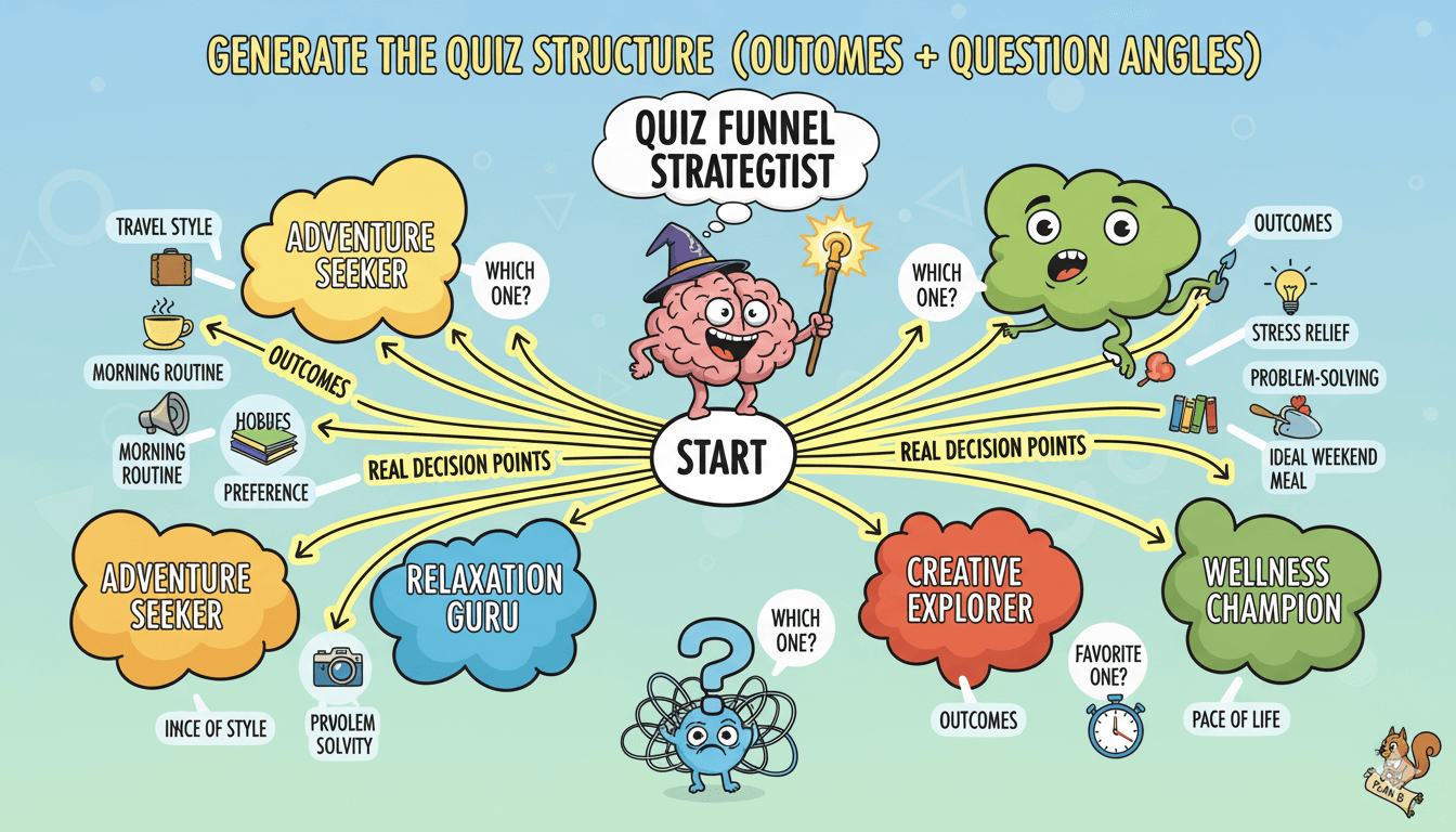 Un diagrama de flujo caprichoso muestra un cerebro "Estratega del Embudo de Quiz" generando resultados y ángulos de pregunta para la estructura de un quiz.