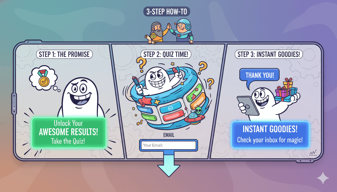Un panel de tres pasos muestra cómo hacer que una opción sea fácil con una promesa, el cuestionario y un mensaje de "¿qué sigue?".