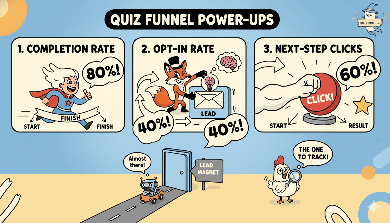 Un superhéroe de dibujos animados, un zorro y una mano ilustran tres métricas clave del quiz: completación, opt-in y clics de siguiente paso para seguir el rendimiento de la historia.