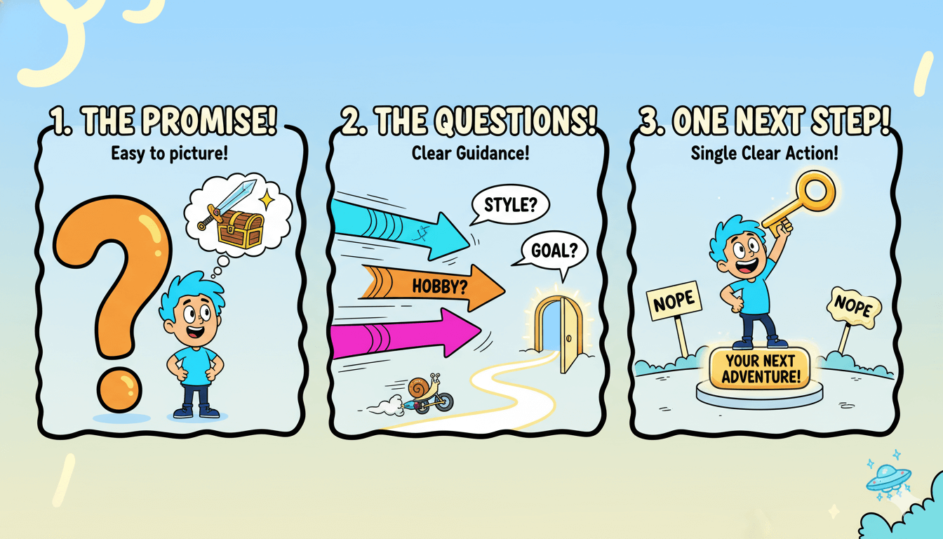 Una viñeta de tres viñetas ilustra cómo los buenos cuestionarios necesitan una promesa clara, preguntas orientadoras y un siguiente paso.