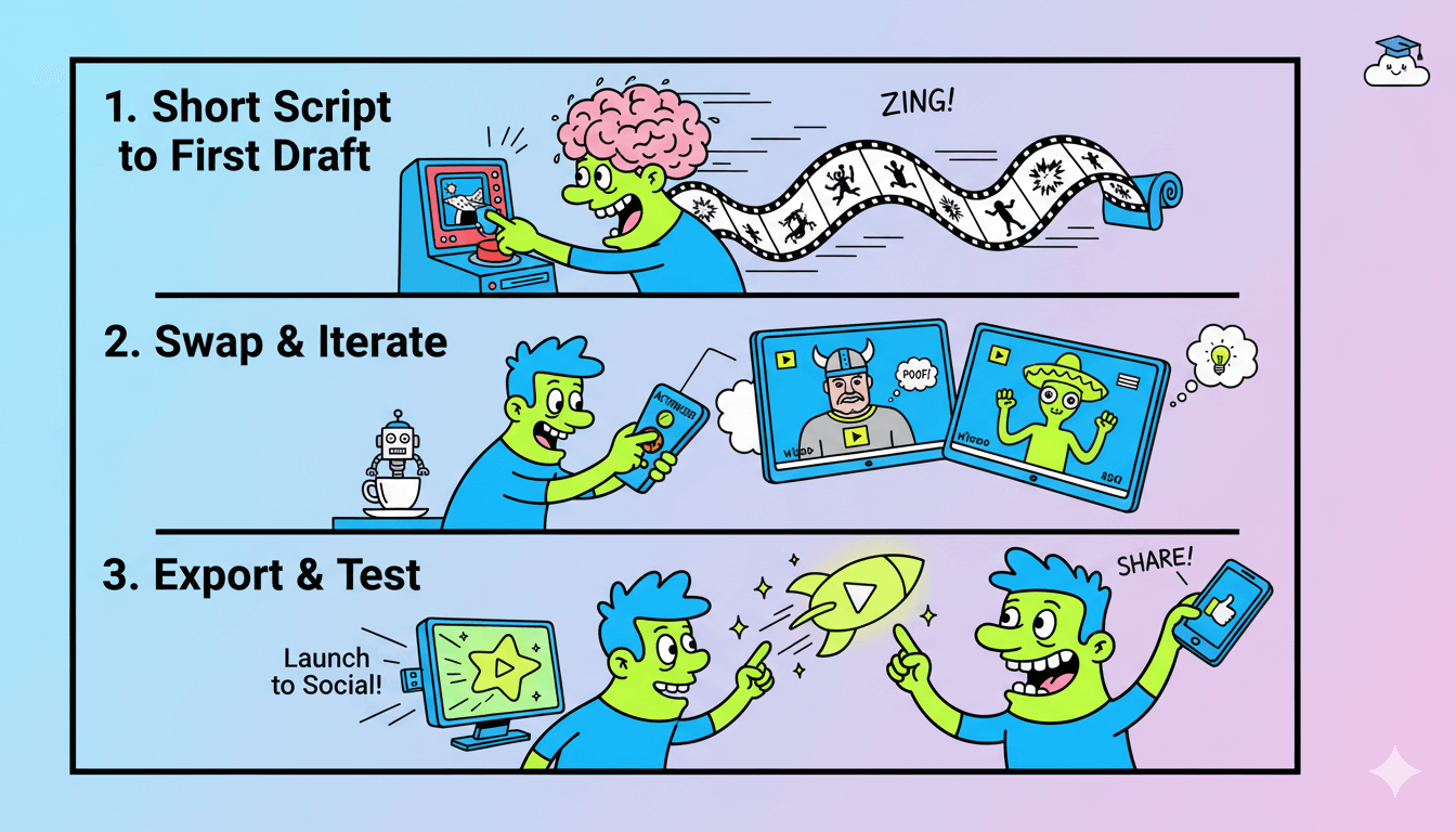 Un diagrama de flujo de procesos en tres pasos que explica visualmente las capacidades rápidas de generación, iteración y pruebas de anuncios de Arcads para los equipos de marketing.