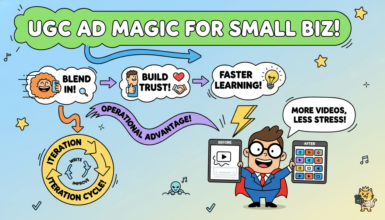 Un diagrama de flujo de dibujos animados explica por qué los anuncios de UGC benefician a las pequeñas empresas al generar confianza y permitir una iteración más rápida del contenido.