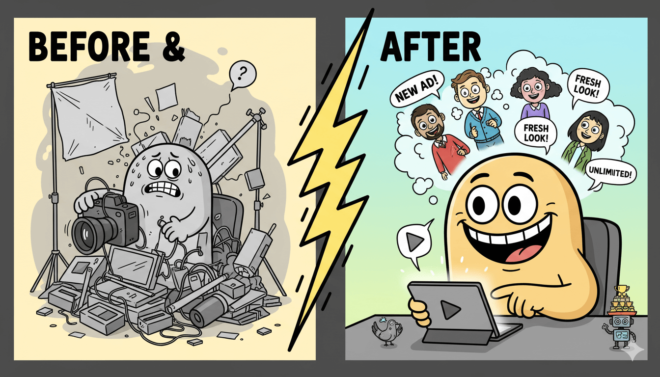 Comparación antes y después que muestra la dificultad de la creación de vídeo tradicional frente a la facilidad de las herramientas de IA UGC