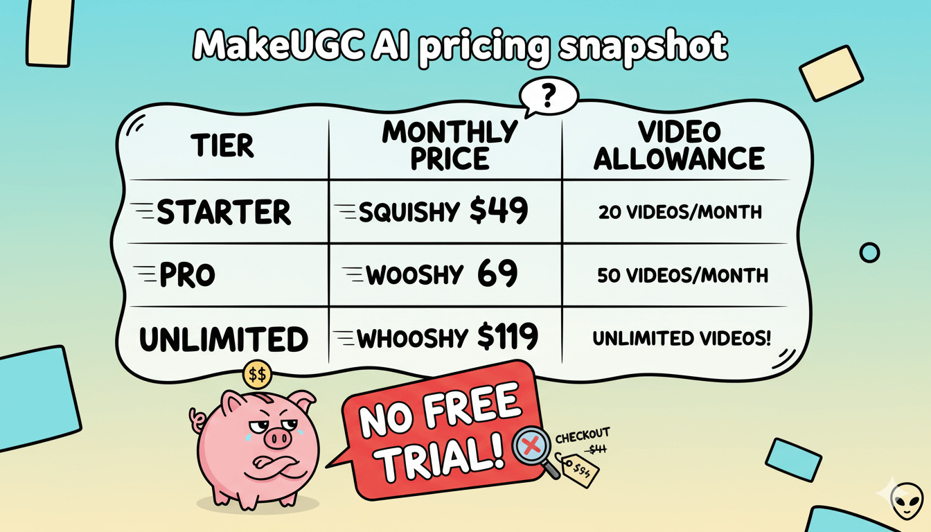 Una tabla de dibujos animados que muestra los niveles de precios de MakeUGC, precios mensuales y asignaciones de vídeo, indicando que no hay prueba gratuita.