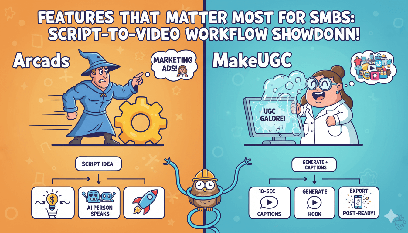 Comparación de la división de dibujos animados mostrando Arcads para anuncios de marketing y MakeUGC para creación masiva de vídeos UGC, detallando su flujo de trabajo de guion a vídeo.
