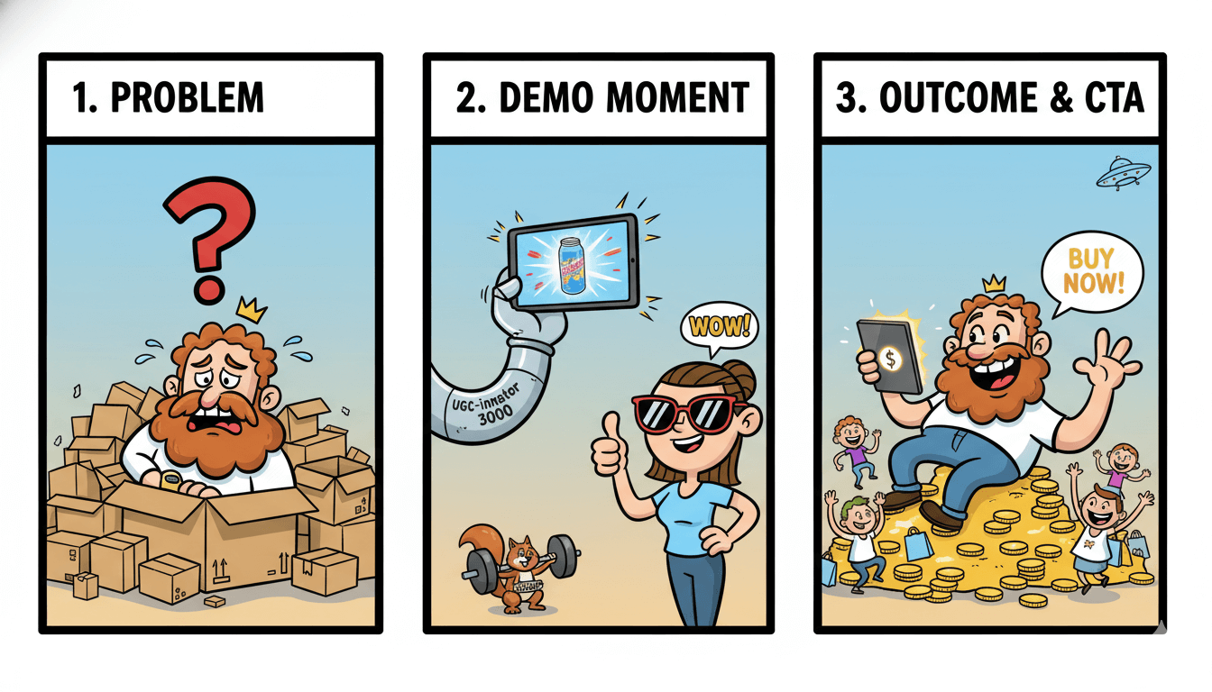 Cómic de tres viñetas que ilustra una estructura publicitaria sencilla: problema, demo y resultado con llamada a la acción.