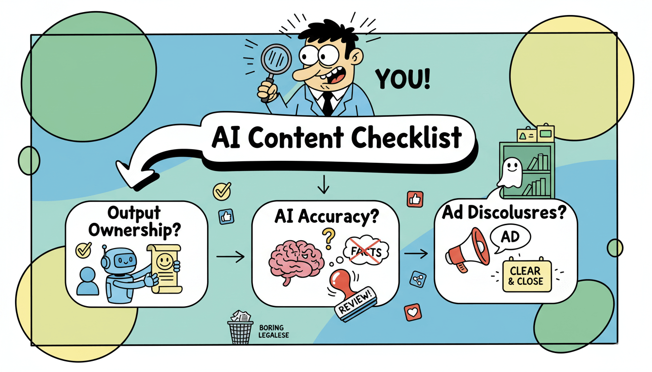 Cartoon Man inspecciona un diagrama de "lista de verificación de contenido de IA", enfatizando la propiedad de los resultados, la precisión de la IA y las divulgaciones publicitarias para garantizar la confianza y el cumplimiento.