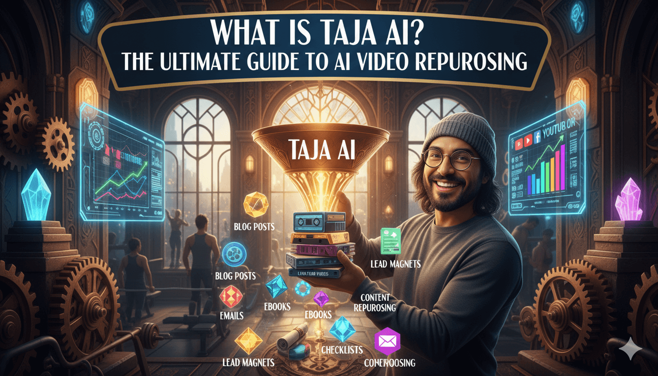 Un hombre sonríe mientras envía vídeos largos a un embudo "Taja AI" que los transforma en varios tipos de contenido en un gimnasio.