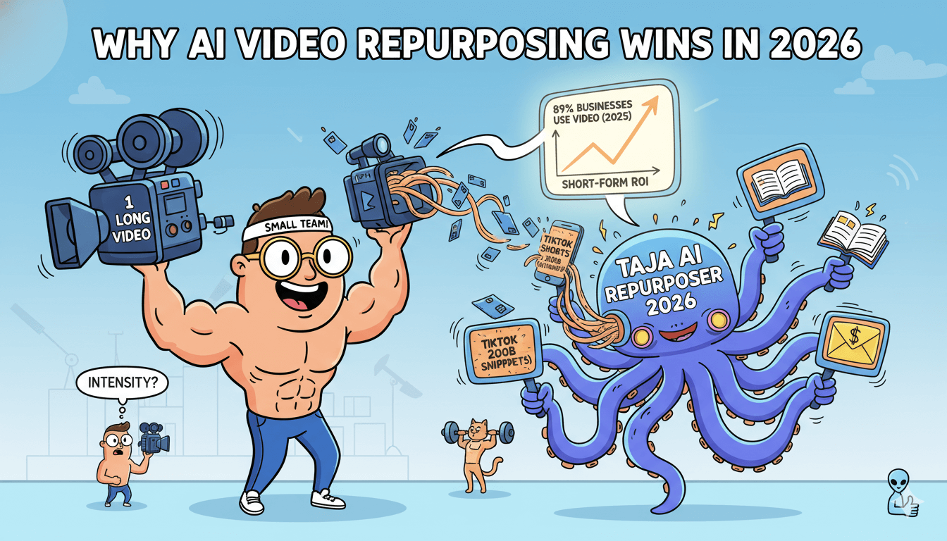 Un hombre musculoso representa a un pequeño equipo que transforma un vídeo largo en muchos clips cortos con un pulpo etiquetado como "Taja AI reutilizador 2026", ilustrando por qué la reutilización de vídeos con IA es eficaz.