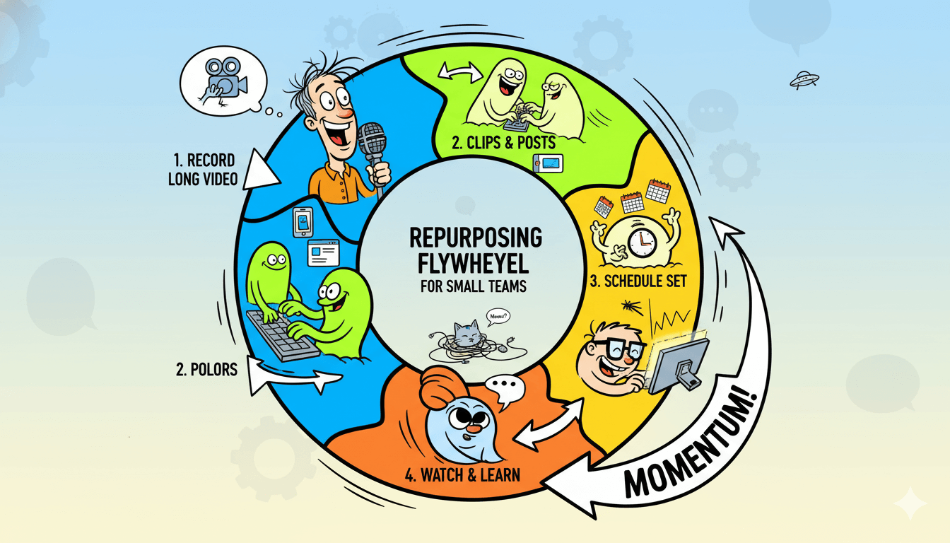 Un colorido volante de dibujos animados explica visualmente los cuatro pasos de la reutilización de contenido en vídeo para equipos pequeños.