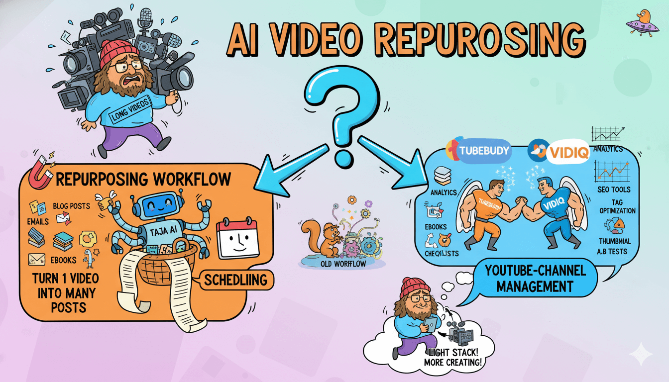 Un diagrama de flujo caprichoso ilustra dos caminos principales para la reutilización de vídeos con IA: un flujo de trabajo para convertir un vídeo en muchas publicaciones y la gestión de canales de YouTube.