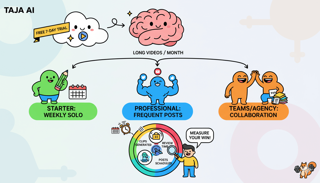 Un diagrama de flujo ilustra los precios y planes de Taja AI, mostrando una prueba gratuita que conduce a diferentes niveles según el volumen de vídeo y el flujo de trabajo.